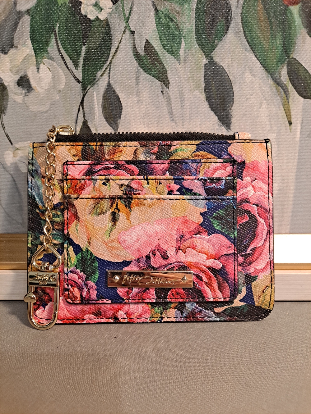 Betsey Johnson Floral Card Case Wallet w/Keychain Black Pink Multi W/Zip Pocket
